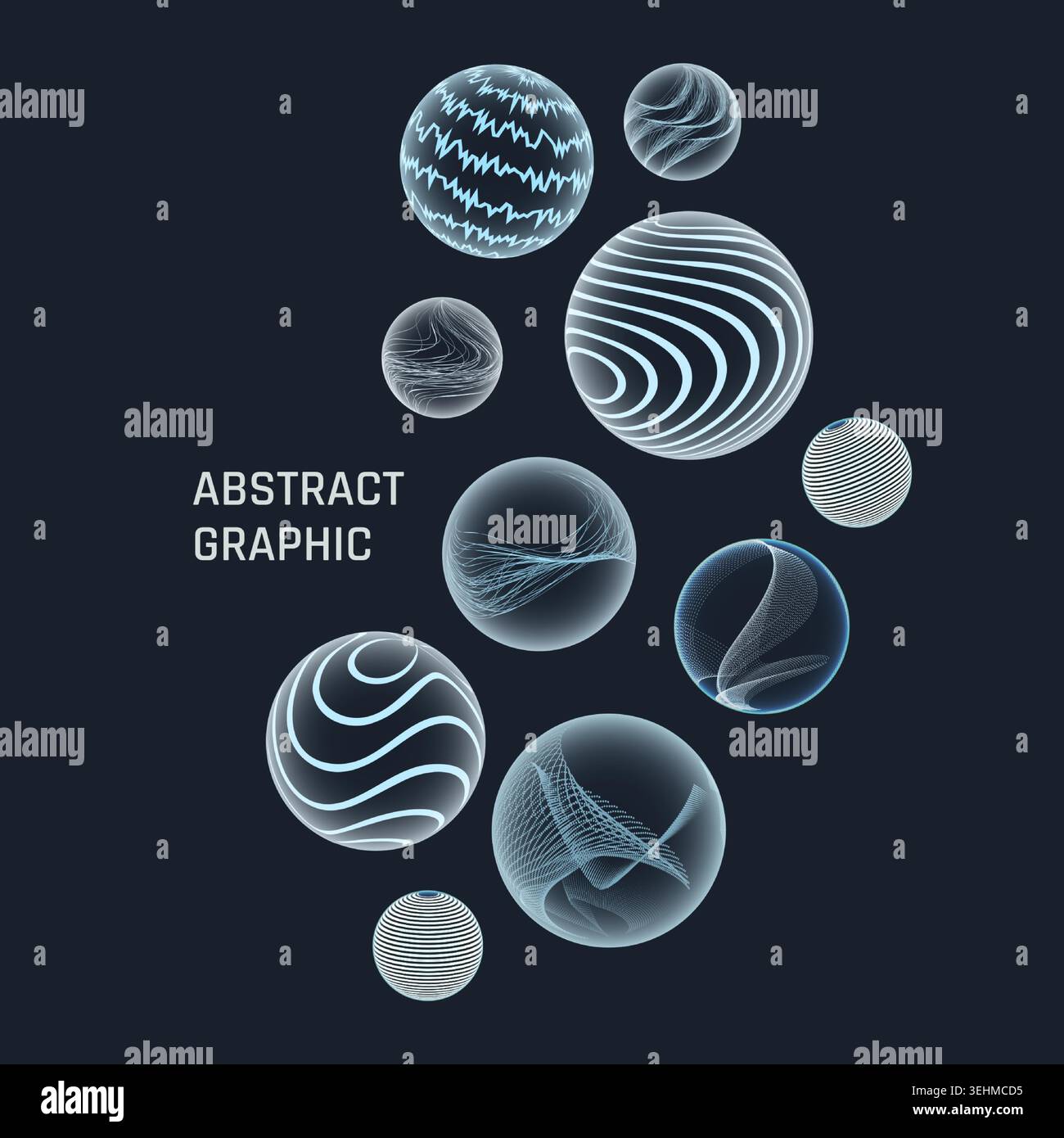Abstrakte 3D-Kreislinie. Hintergrunddesign mit fliegenden Kugeln, schwimmenden Kugeln mit unterschiedlichen geometrischen Mustern. Vorlage für Social-Media-Beiträge. Ballon und Blasen, Vektor isolierte minimale Darstellung Stock Vektor