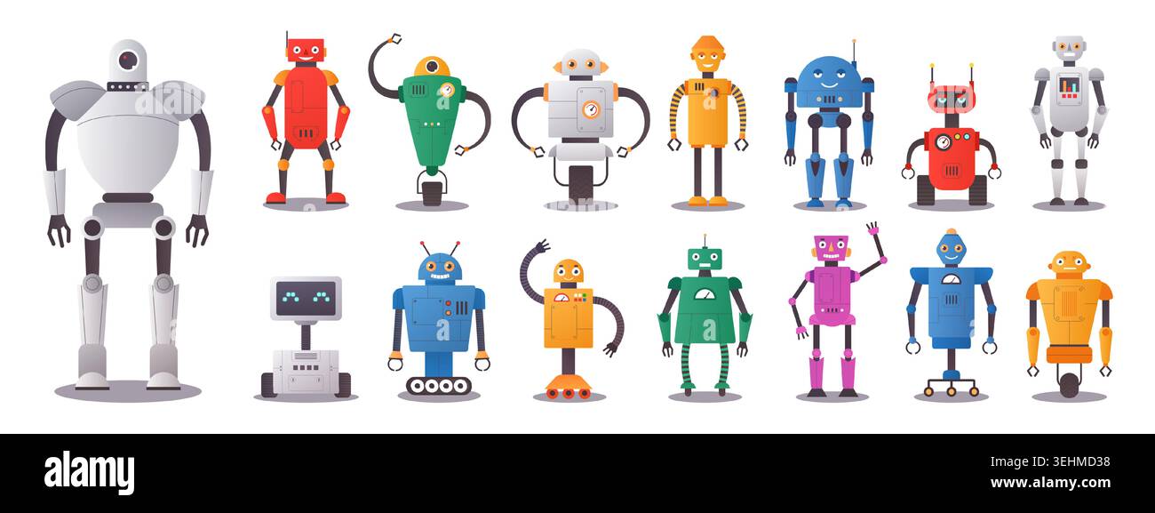 Zeichentrickroboter-Zeichensatz. Bunte mechanische humanoide Figuren in verschiedenen Formen und Posen, Robotik-Automatisierung und futuristisches Technologiekonzept. Vektor nette flache Art isolierte Illustration Stock Vektor