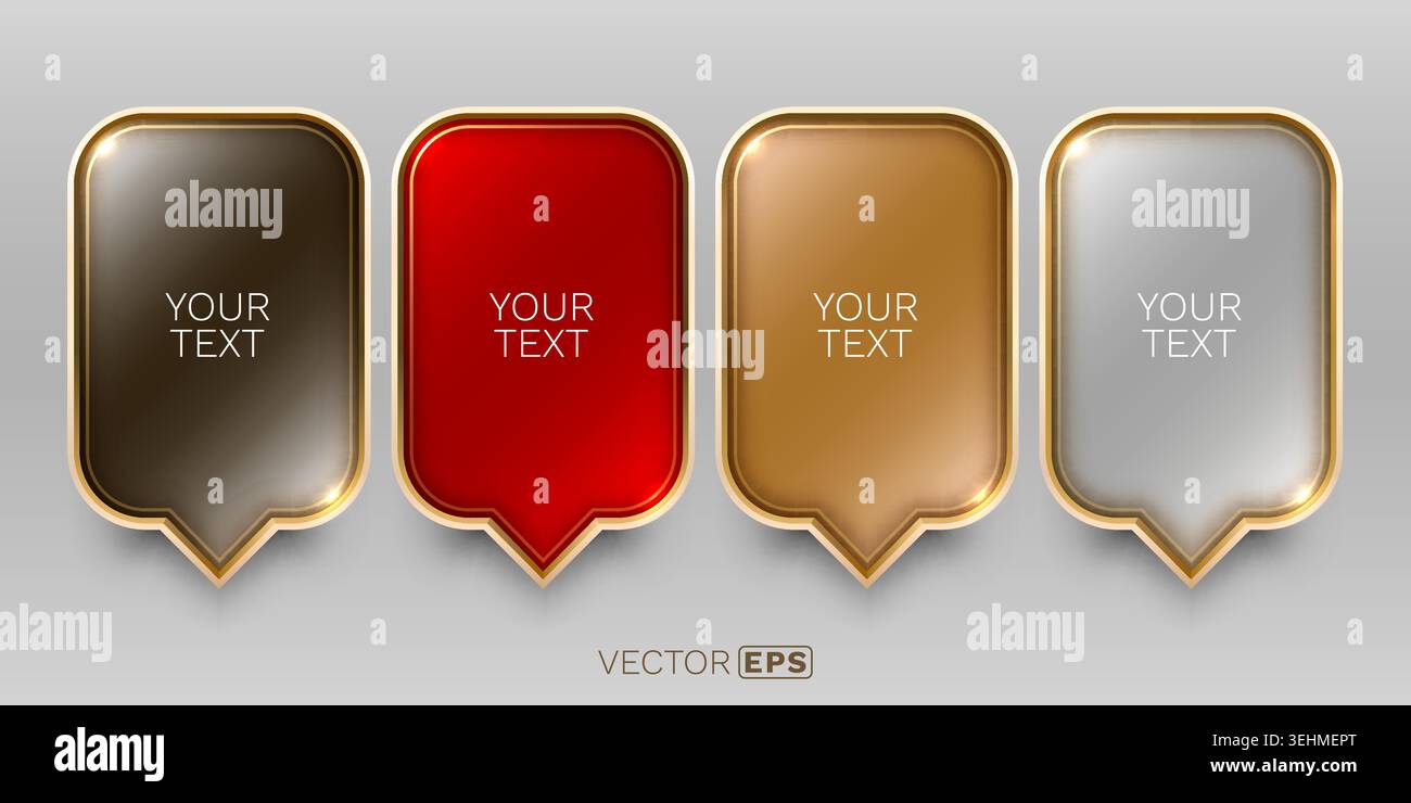 Goldene, glänzende Sprechblasen für Text. Moderne, elegante Infobanner zur Anzeige. Vektorabbildung. Stock Vektor