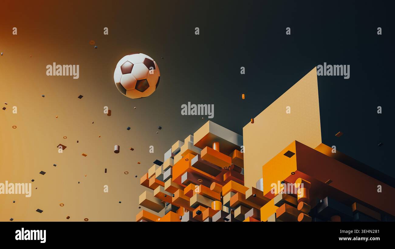 Ein Fußball schwingt über einer Stadt, die aus verschiedenen geometrischen Formen in abstraktem Design besteht. Die Szene zeigt eine Mischung aus Farben und Formen. Stockfoto