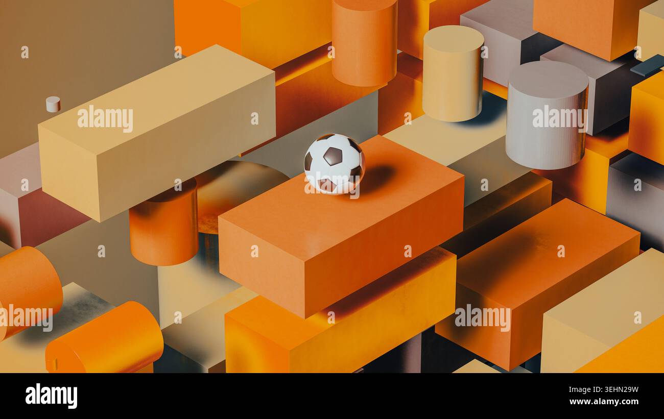 Ein Fußball schwingt über einer Stadt, die aus verschiedenen geometrischen Formen in abstraktem Design besteht. Die Szene zeigt eine Mischung aus Farben und Formen. Stockfoto