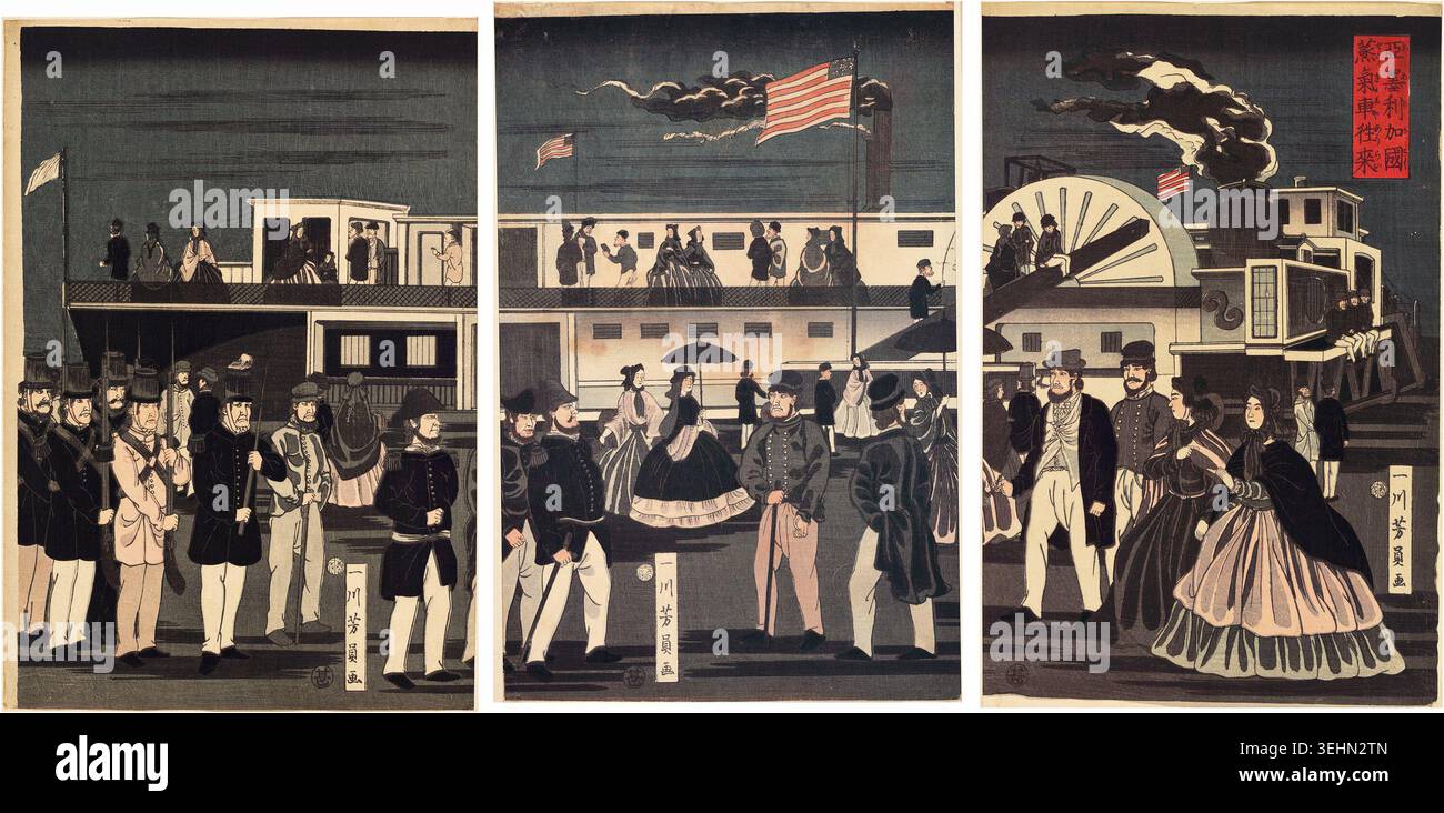 Ankunft und Abfahrt eines amerikanischen Dampfschiffs von Utagawa Yoshikazu, 1861, das Massen japanischer und westlicher Figuren zeigt, die an Bord eines dampfbetriebenen Schiffes mit amerikanischer Flagge gehen Stockfoto