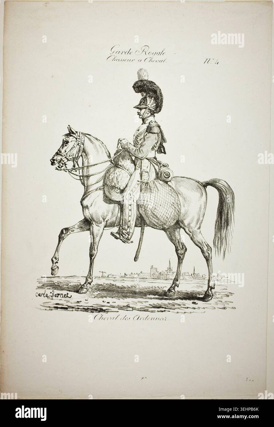 Royal Guard, Norman Mounted Light Infantryman and Horse, No. 4 von Carle Vernet, um 1818, zeigt einen uniformierten Kavallerie-Offizier in kunstvoller Militärkleidung auf einem Sattelpferd Stockfoto