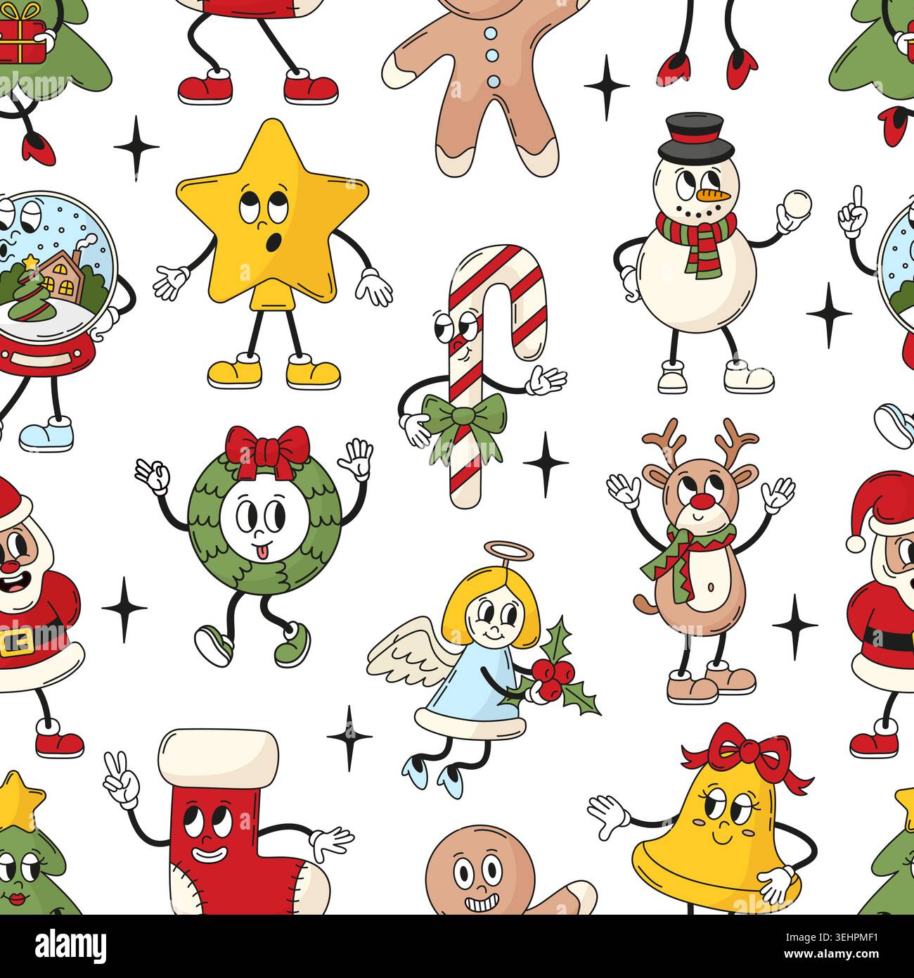 Grooviges nahtloses weihnachtsmuster. Winterferien, Silvester-Kulisse mit lustigen Charakteren. Dekorativer Retro-Druck, neoterisch Stock Vektor
