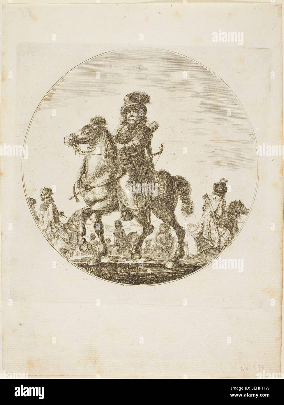 Ungarischer Reiter von Stefano della Bella, um 1651, zeigt einen würzigen aristokratischen Kavalleristen auf dem Pferd, begleitet von Reitern und Begleitern bei einer festlichen Prozession Stockfoto