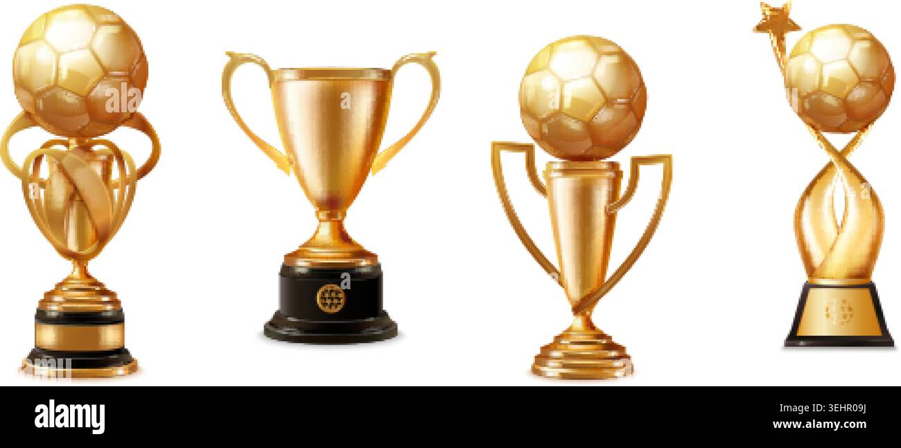 Fußball Gold Cup. Realistische goldene Fußball Ball Trophäe Cup Sport Team Champion Award Gewinner Preisliga Siegerzeremonie beste Spieler Meisterschaft 3D isoliert exakte Vektor Illustration Original Kunstwerk Stock Vektor