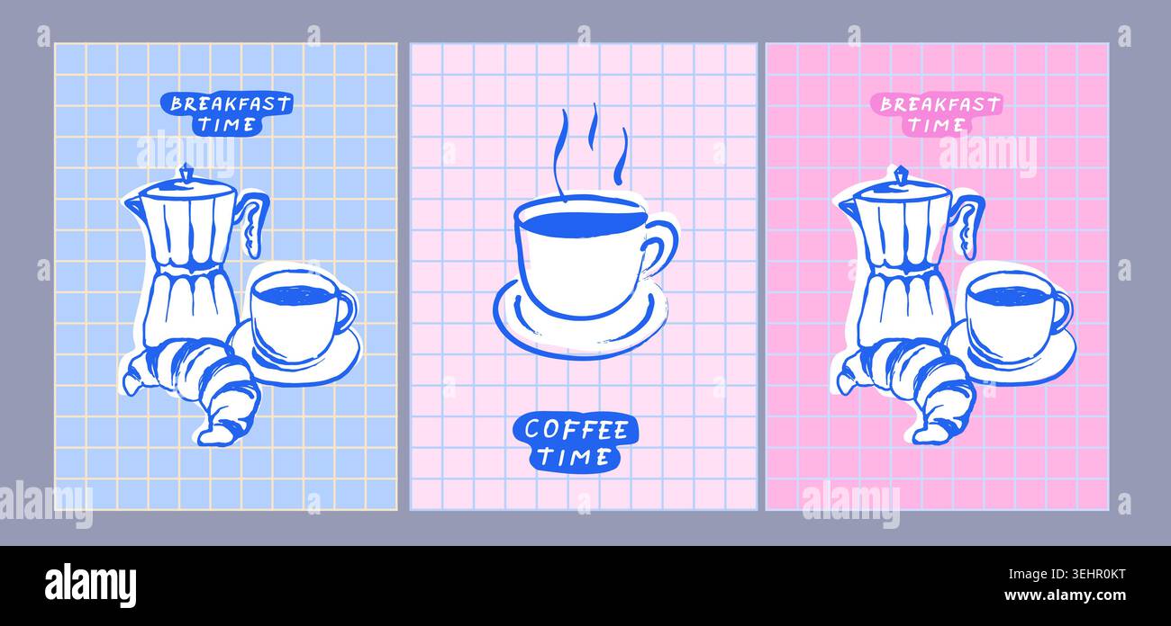Vintage Coffee Poster Collection mit Retro-Illustrationen von Espresso-Tassen, Mokakannen, Milch und gerösteten Bohnen im minimalistischen Stil Stock Vektor