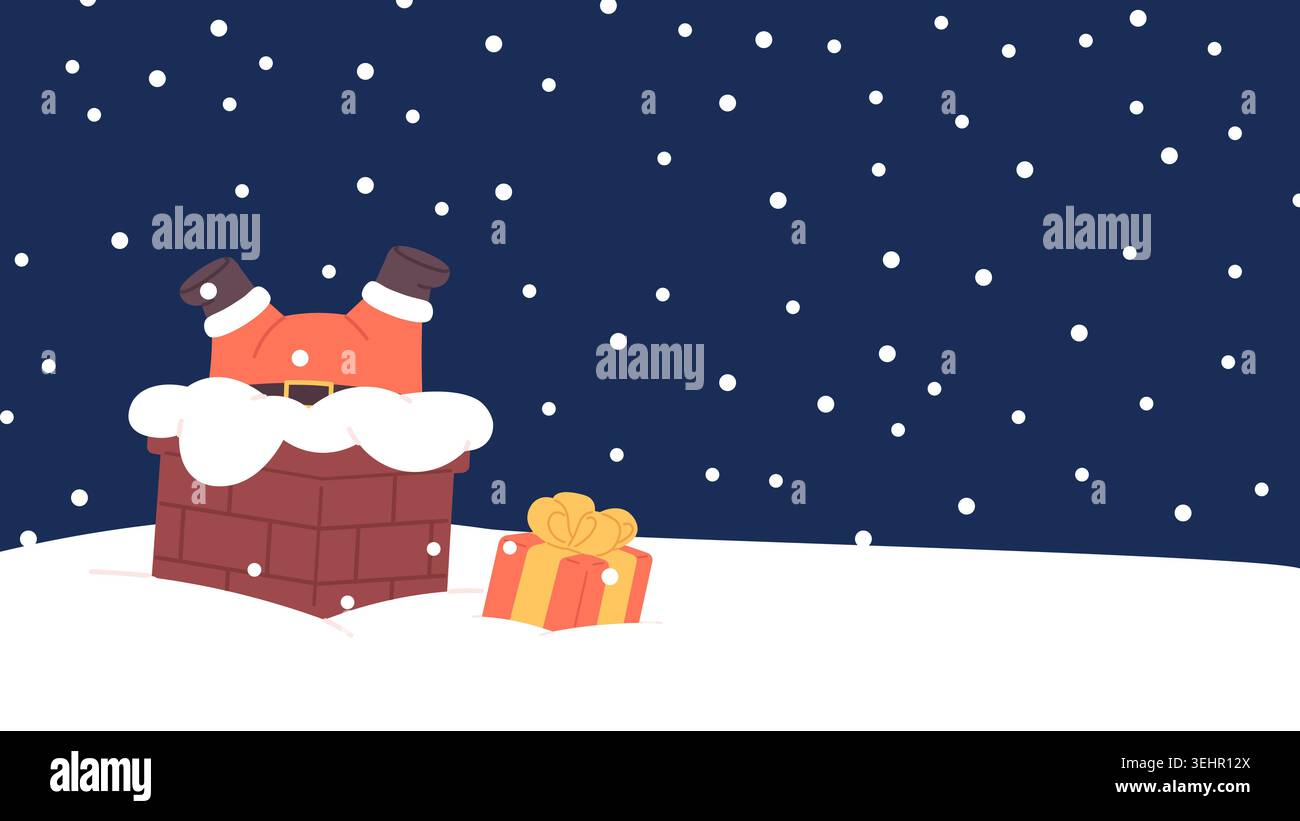 Der Weihnachtsmann im Kamin. Lustiges Weihnachtsbanner mit Geschenkbox in Schnee, Schnee und Weihnachtsmann. Cartoon-Poster mit leerem Raum, Vektor Stock Vektor