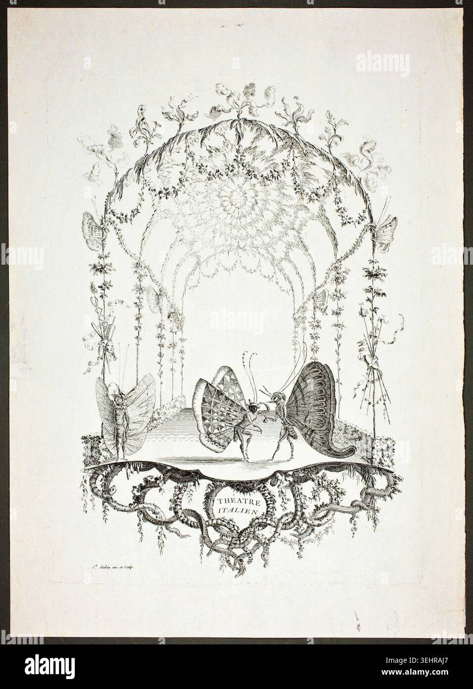 Schmetterlinge auf der Bühne oder italienisches Theater von Charles Germaine de Saint-Aubin, 1756–60, zeigt übergroße Schmetterlinge auf einer kunstvollen Theaterbühne, die von blühenden Weinstöcken und drapierten Girlanden eingerahmt wird Stockfoto