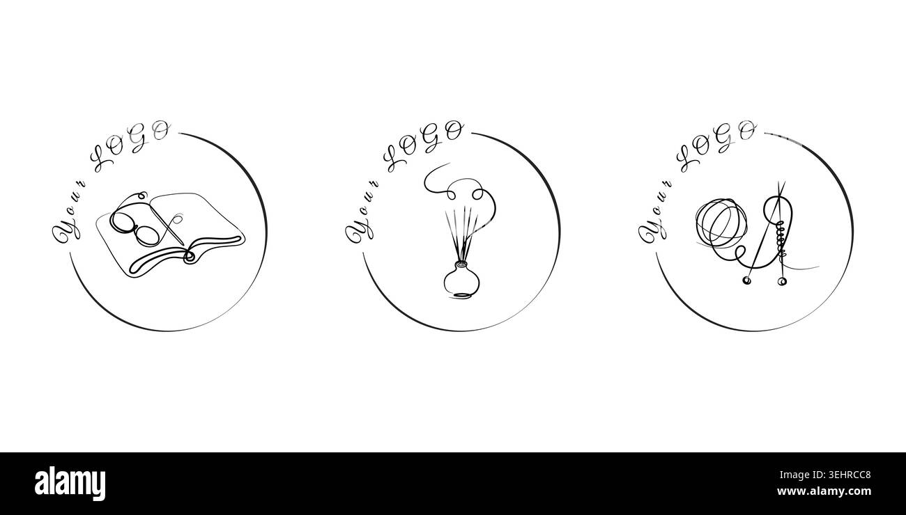 Drei minimalistische einzeilige Kunstlogos erscheinen in einem Set. Jedes kreisförmige Design repräsentiert ein entspannendes Hobby. Stock Vektor