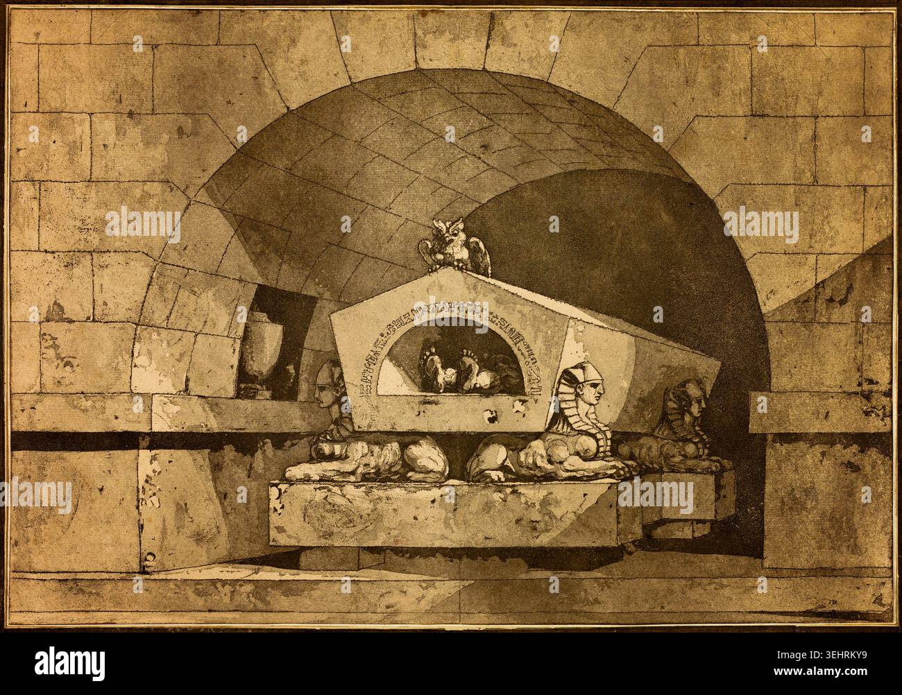 Grabmal mit Sphinxen und einer Eule von Louis Jean Desprez, 1779–84, zeigt eine imaginäre ägyptische Grabkammer mit exponierter Leiche, Hütersphinxen und dramatischen architektonischen Gewölben Stockfoto