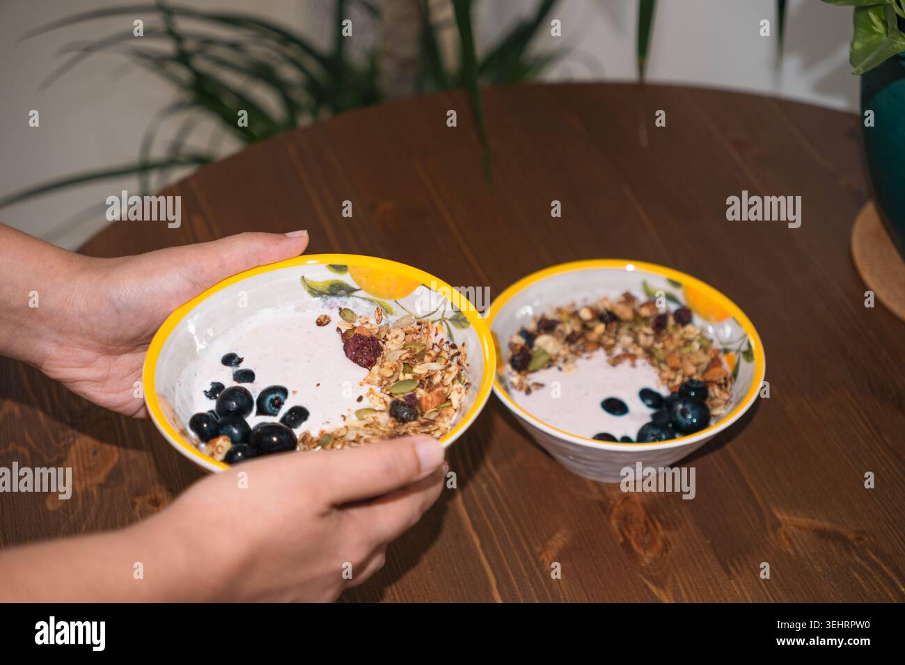 Protein Heidelbeere Smoothie Bowl mit knusprigem Müsli und frischen Beeren gesundes Frühstückskonzept Stockfoto