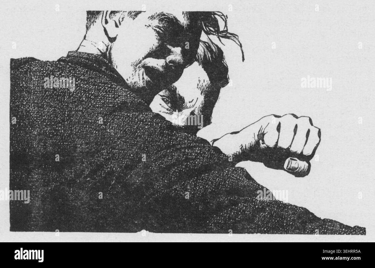 Tusche and Wash Illustration von H. R. van Dongen für Frank Herberts Story „Under Pressure“ in Astaounding Science Fiction, Januar 1956, New York. Es zeigt eine angespannte Interaktion zwischen Besatzungsmitgliedern an Bord eines Tiefsee-U-Bootes. Stockfoto
