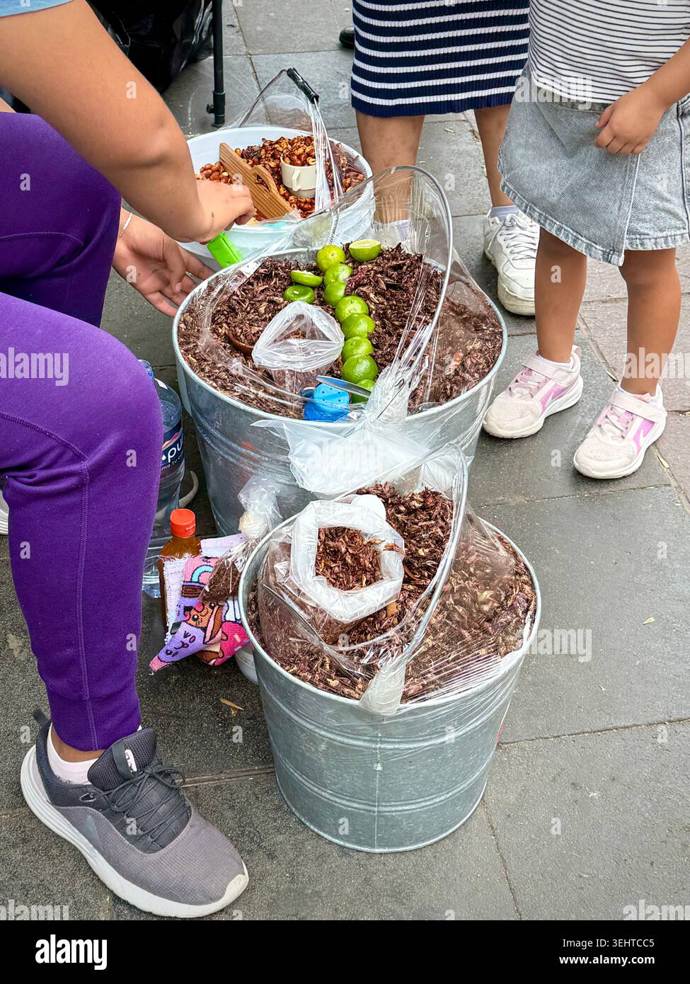 Straßenverkäufer, der in Coyoacán, Mexiko-Stadt, Kapulinen verkauft, mexikanische Grashüpfer mit Limette und Gewürzen - Smartphone-aufgenommenes Stockfoto