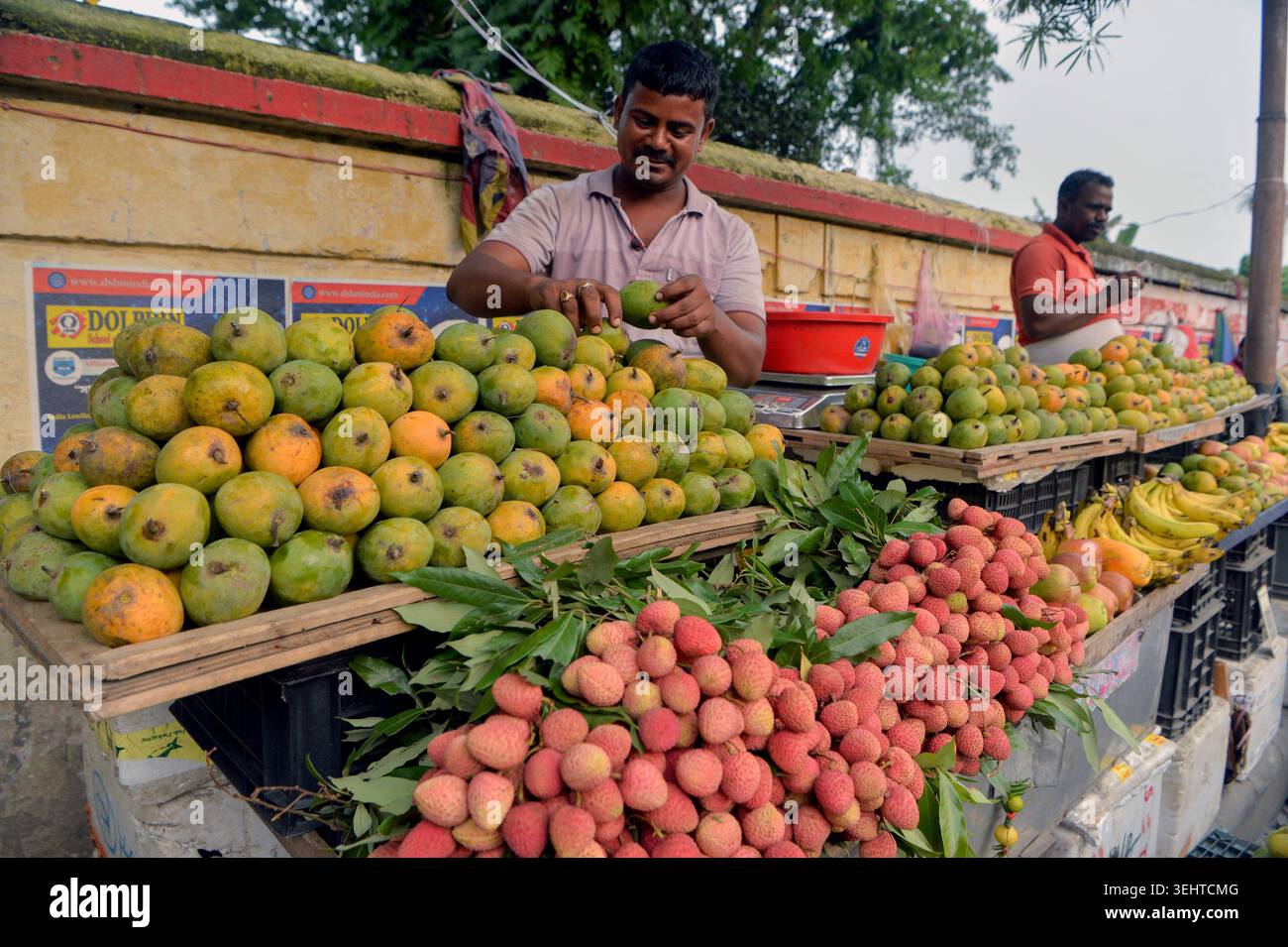 Siliguri, Indien. Mai 2026. Ein Obstverkäufer arrangiert am 24. Mai 2026 Mangos und Litschis an einem Straßenstand in Siliguri, Indien. (Foto: Diptendu Dutta/Middle East Images/StringersHub/SIPA USA) Credit: SIPA USA/Alamy Live News Stockfoto