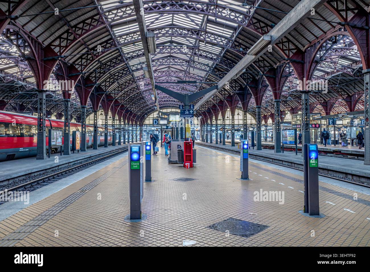 Hauptbahnhof Kopenhagen (Kobenhavns Hovedbanegard) Bahnsteig, Eisendach, Infrastruktur, Reisen Stockfoto