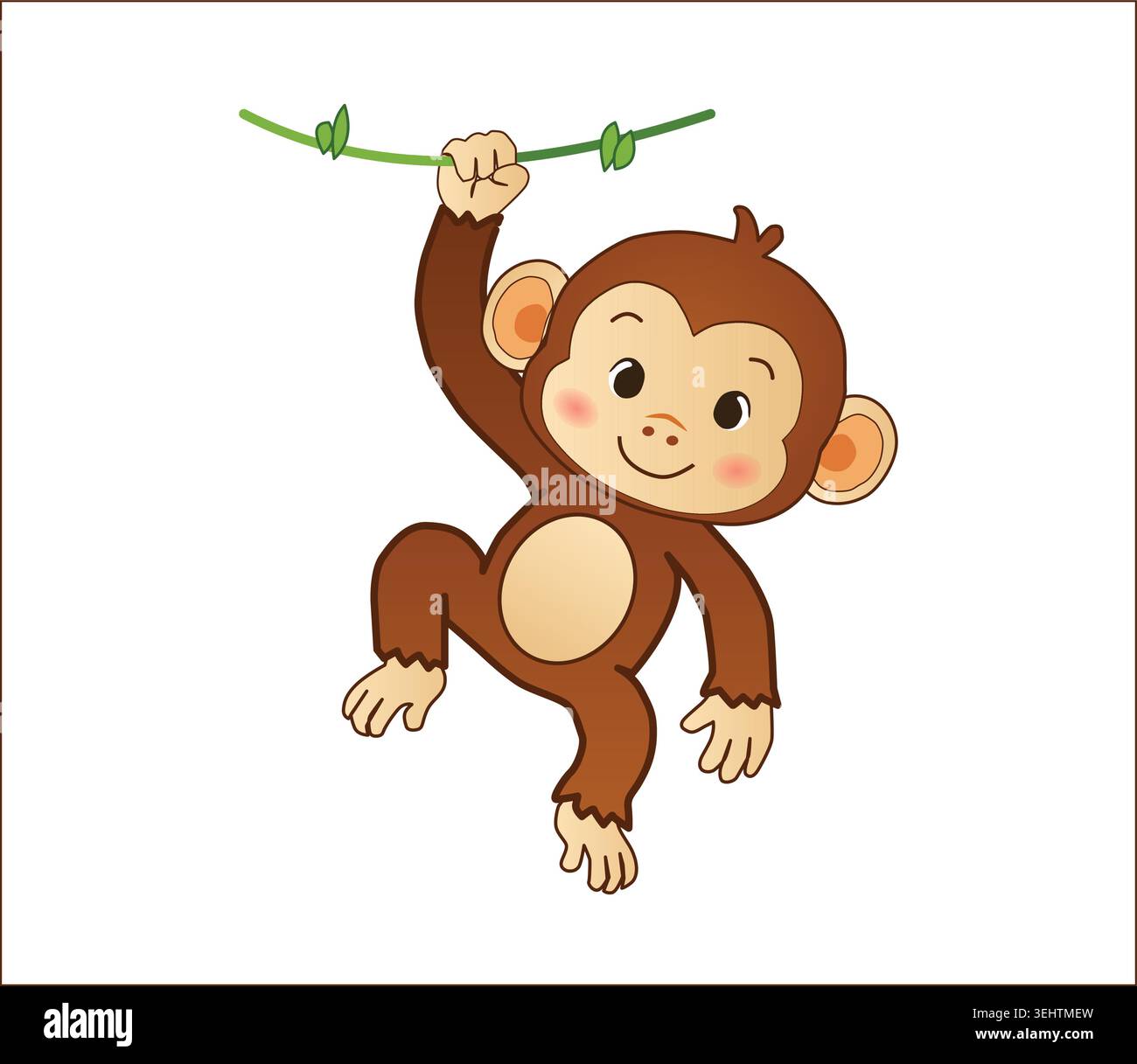 Ein entzückender Cartoon-Affencharakter, der an einer grünen Lianenrebe im Dschungel mit einem fröhlichen Lächeln hängt, perfekt für wilde Tiere und Kinder Design-Themen. Stock Vektor