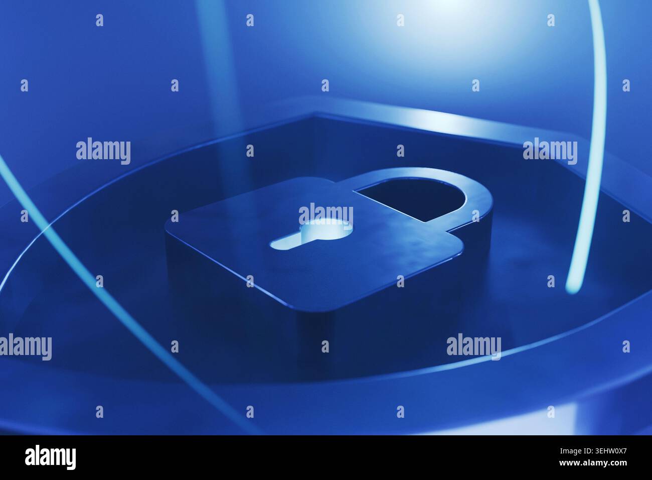 Makroaufnahme eines blauen Sicherheitsvorhängeschlosses, das in einer digitalen Schildstruktur leuchtet, eingerahmt von hellen Neonstreifen. Konzept der Close-up-Datenverschlüsselung Stockfoto