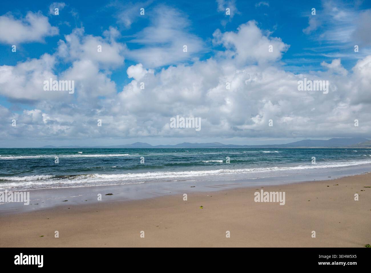 Ein schöner Tag am Strand Llandanwg in Gwynedd, Nordwales, mit der wunderschönen Halbinsel Llŷn im Hintergrund über der Tremadoc Bay (Großbritannien) Stockfoto