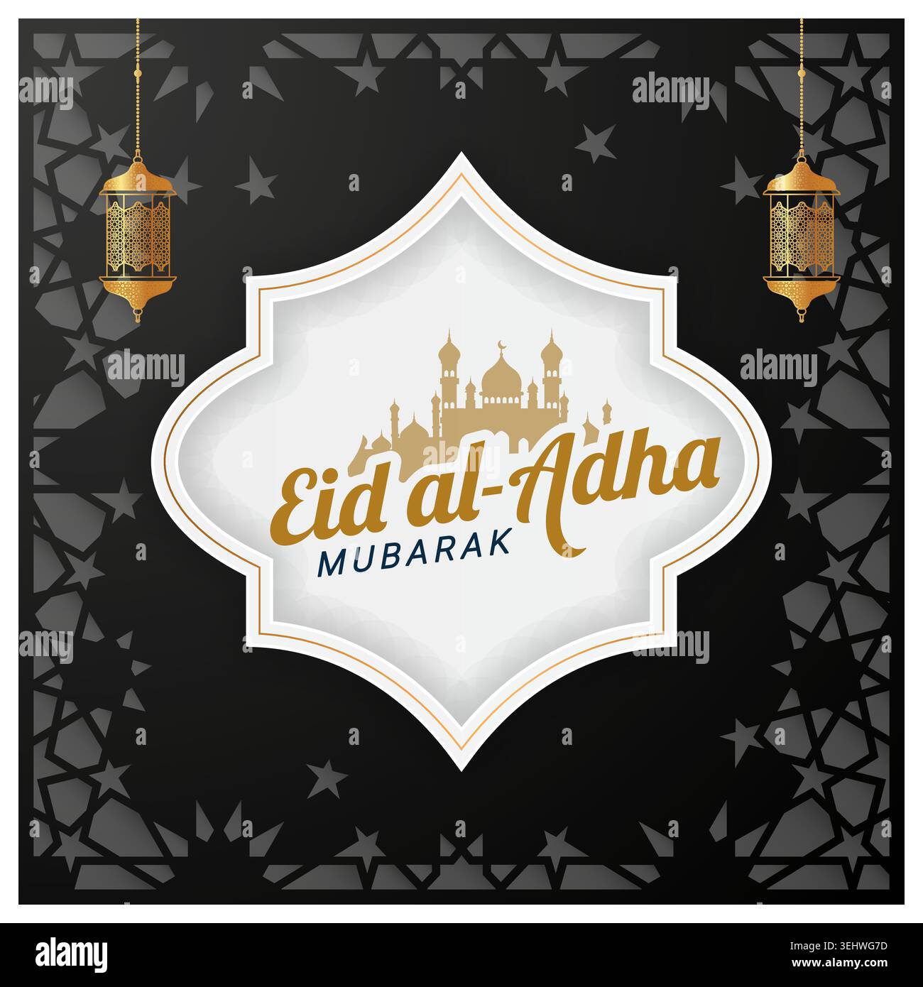 Moderner islamischer Eid al Adha Hintergrund mit hängenden goldenen Laternen, dekorativer arabischer geometrischer Rand, Moschee Silhouette Textkomposition, Stock Vektor