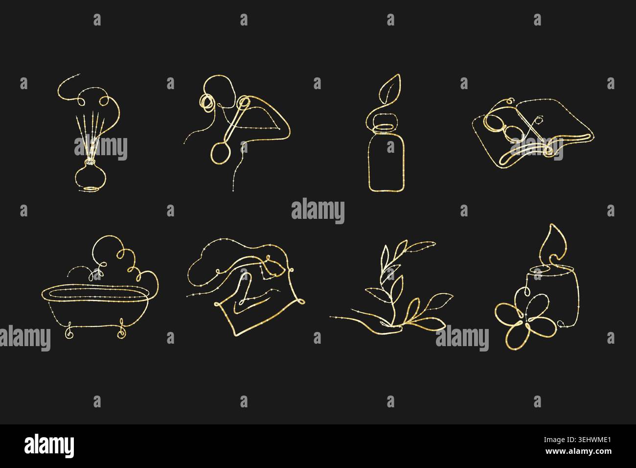 Set aus acht eleganten goldenen Strichgrafiken auf dunklem Hintergrund. Symbole zeigen einen Diffusor, eine Person mit Kopfhörern, eine Flasche, ein offenes Buch, eine Badewanne, Hände halten Stoff, Pflanze und eine zündete Kerze. Stock Vektor