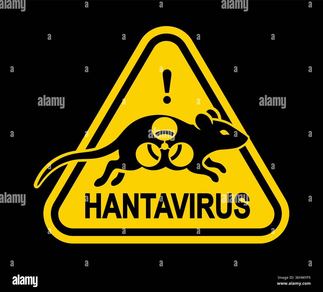 Gelbes dreieckiges Warnschild mit einer schwarzen Rattensilhouette mit einem Symbol für biologische Gefahrstoffe innen und dem fetten Text „HANTAVIRUS“ auf schwarzem Hintergrund Stock Vektor