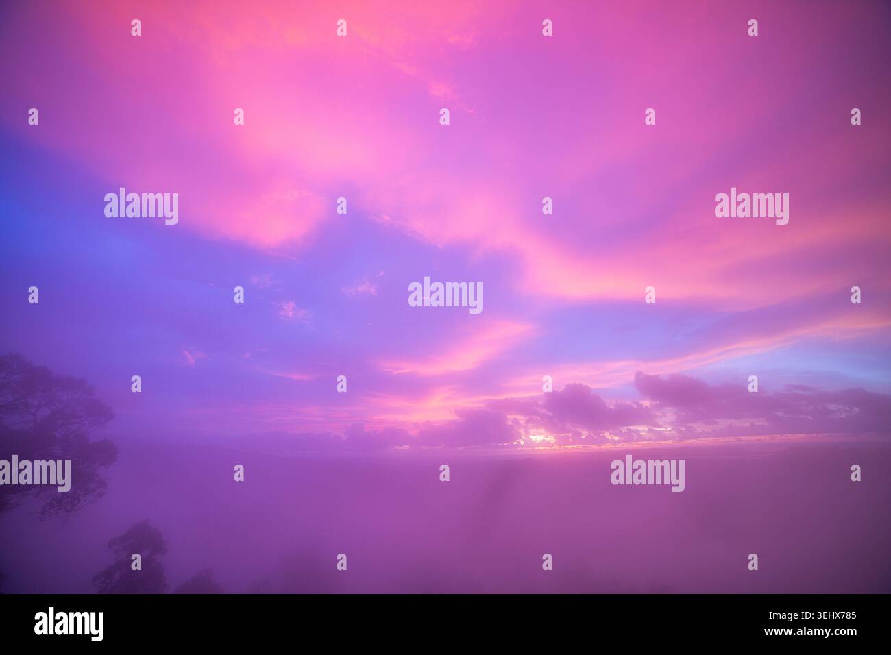 Aus der Vogelperspektive der Golden Hour, die in Violet verschwindet. Wenn das Tageslicht weicher wird, verschmelzen goldene Töne in Violett und Rose und fangen das flüchtige Wunder des Twilig ein Stockfoto