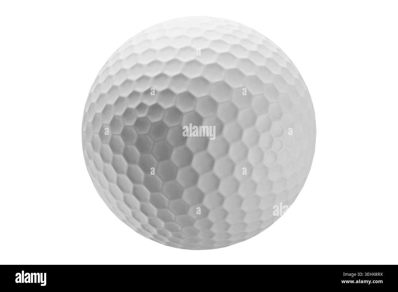 Sauberer weißer Golfball mit einem ausgeprägten sechseckigen Dimple-Muster, perfekt isoliert auf einem massiven weißen Hintergrund, ideal für Sport, Luxus-Freizeit und Stockfoto