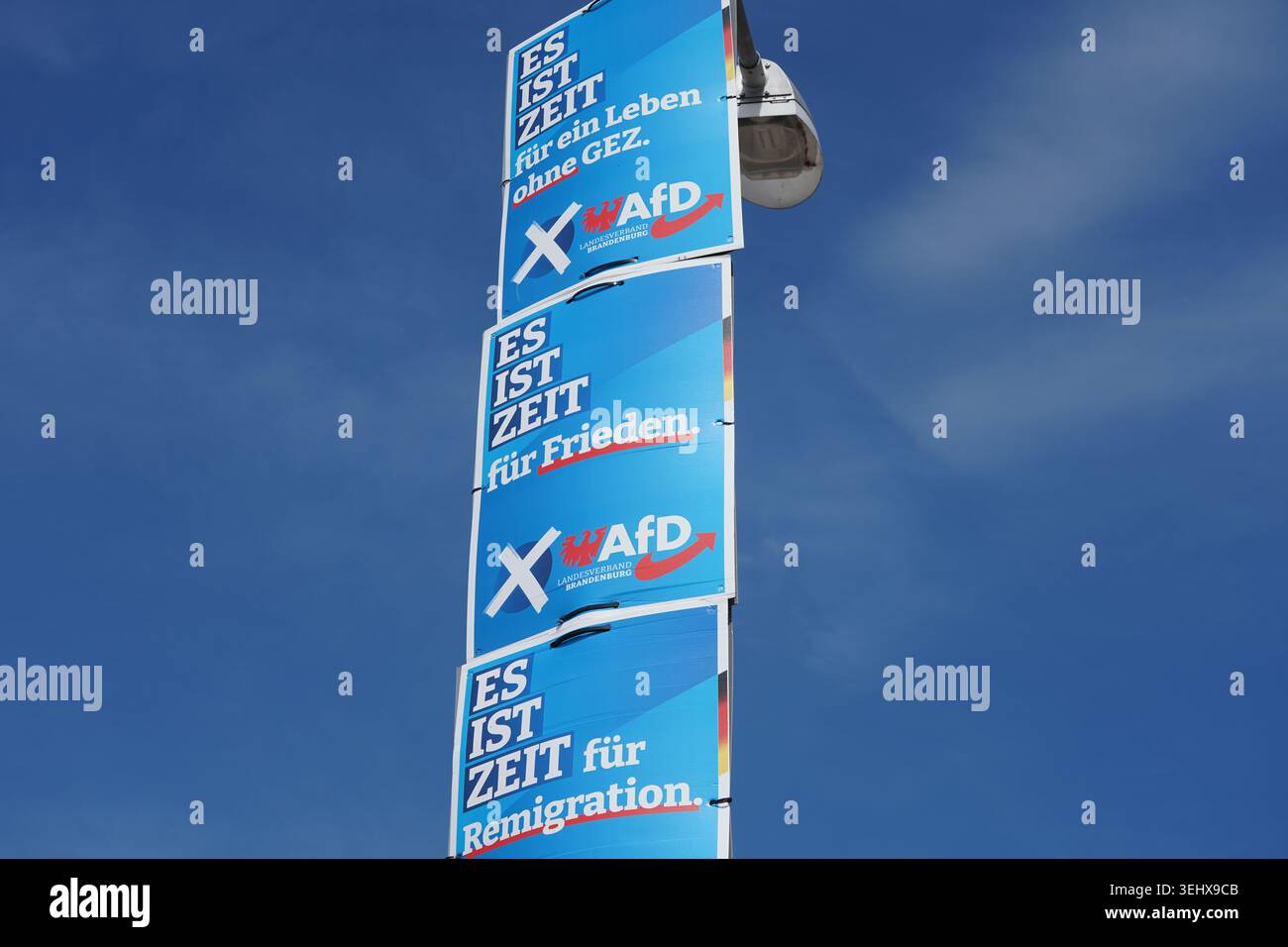 Potsdam, Deutschland - 8. September 2024: Wahlkampfplakate der AfD auf einem Laternenpfahl zur Brandenburger Landtagswahl. Stockfoto