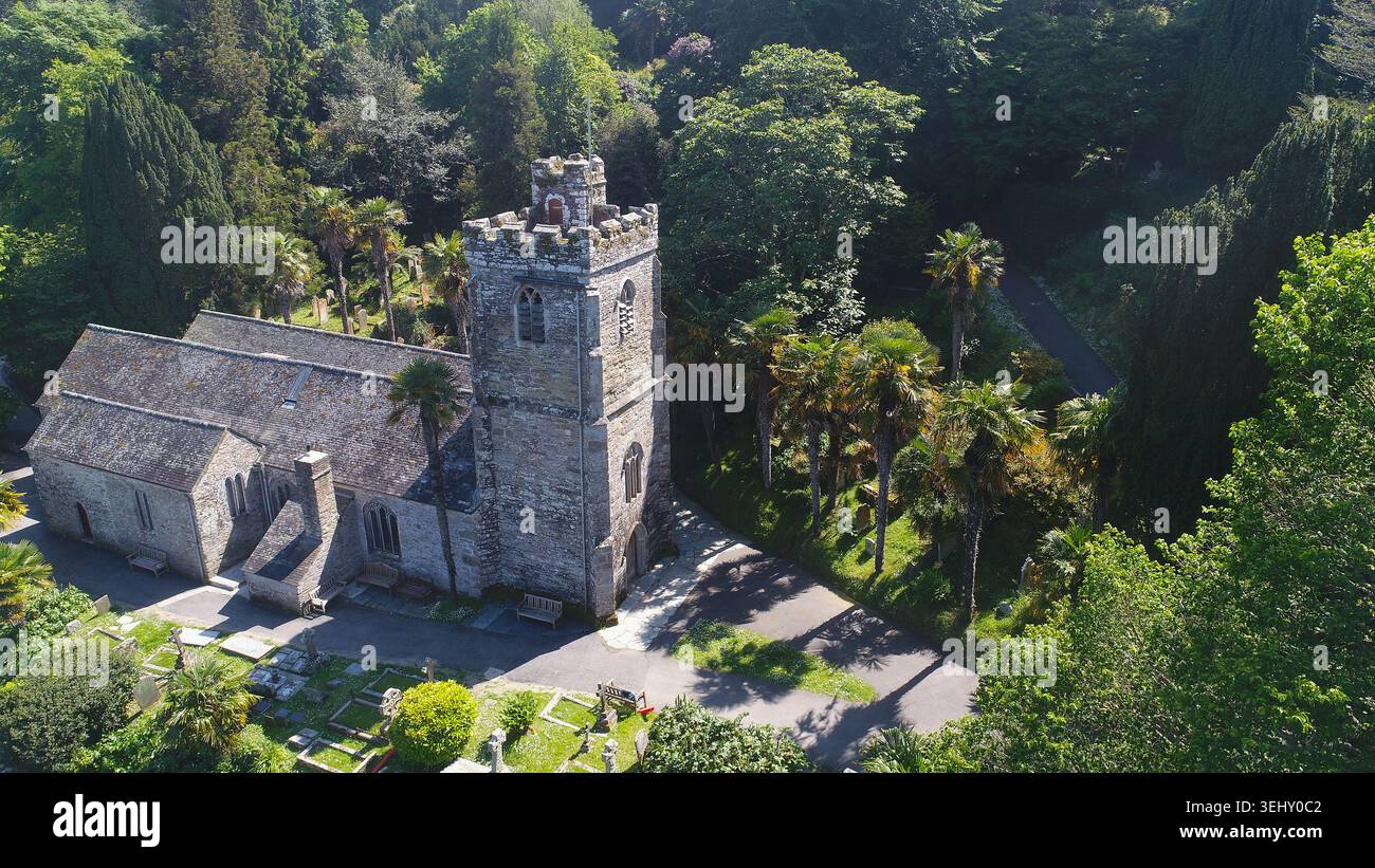 Aus der Vogelperspektive auf St. Just's Church, St. Just in Roseland. Eine Pfarrkirche der Klasse I in der Church of England Stockfoto