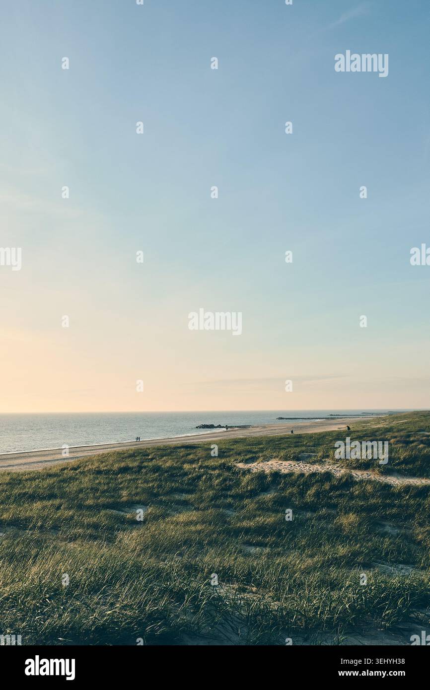 Weitwinkelfoto des Abends am breiten Strand in Norddänland. Hochwertige Fotos Stockfoto