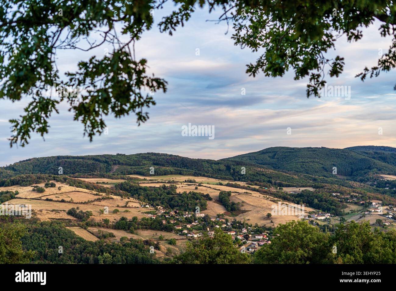 Atemberaubendes ländliches Panorama, eingerahmt von Eichenzweigen an der Spitze. Die Landschaft zeigt die Beaujolais-Hügel mit goldenen Feldern, dichten Wäldern und kleinen Res Stockfoto