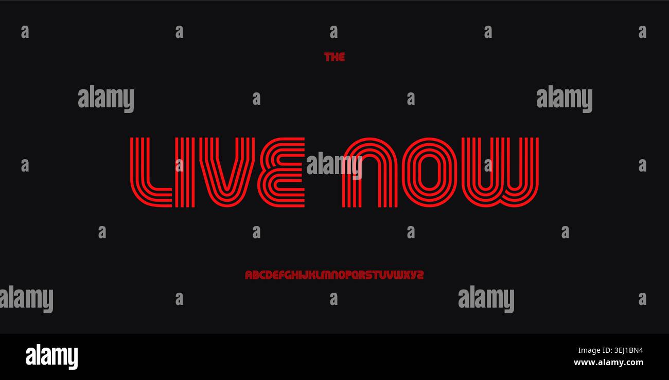 Gestreifte Schriftart für Live Now-Streaming für bearbeitbare Titel für Live-Übertragungen, Videokanäle, Overlays und die Erstellung von Gaming-Inhalten. Modernes Linear Stock Vektor