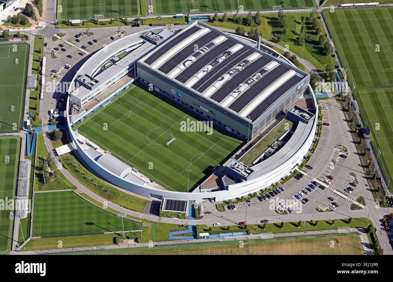 Aus der Vogelperspektive des Trainingszentrums Etihad Campus in Manchester City Stockfoto