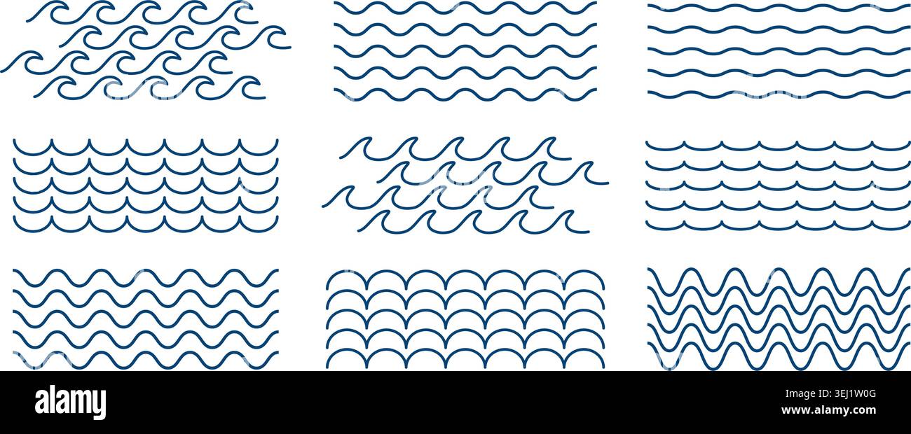 Satz blauer Wellenlinien, isoliert auf weißem Hintergrund. Wiggly Ornament. Meerwasser- oder Meerwasser-Textur. Schlichter Sommerdruck. Illustration der Vektorabwicklung. Stock Vektor