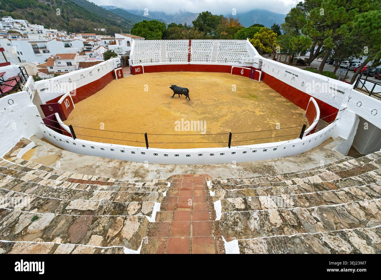 Weitwinkelblick auf die elliptische Stierkampfarena Plaza de Toros mit einer zentralen Stierstatue und roten Barrieren, Mijas Pueblo, Andalusien, Spanien Stockfoto