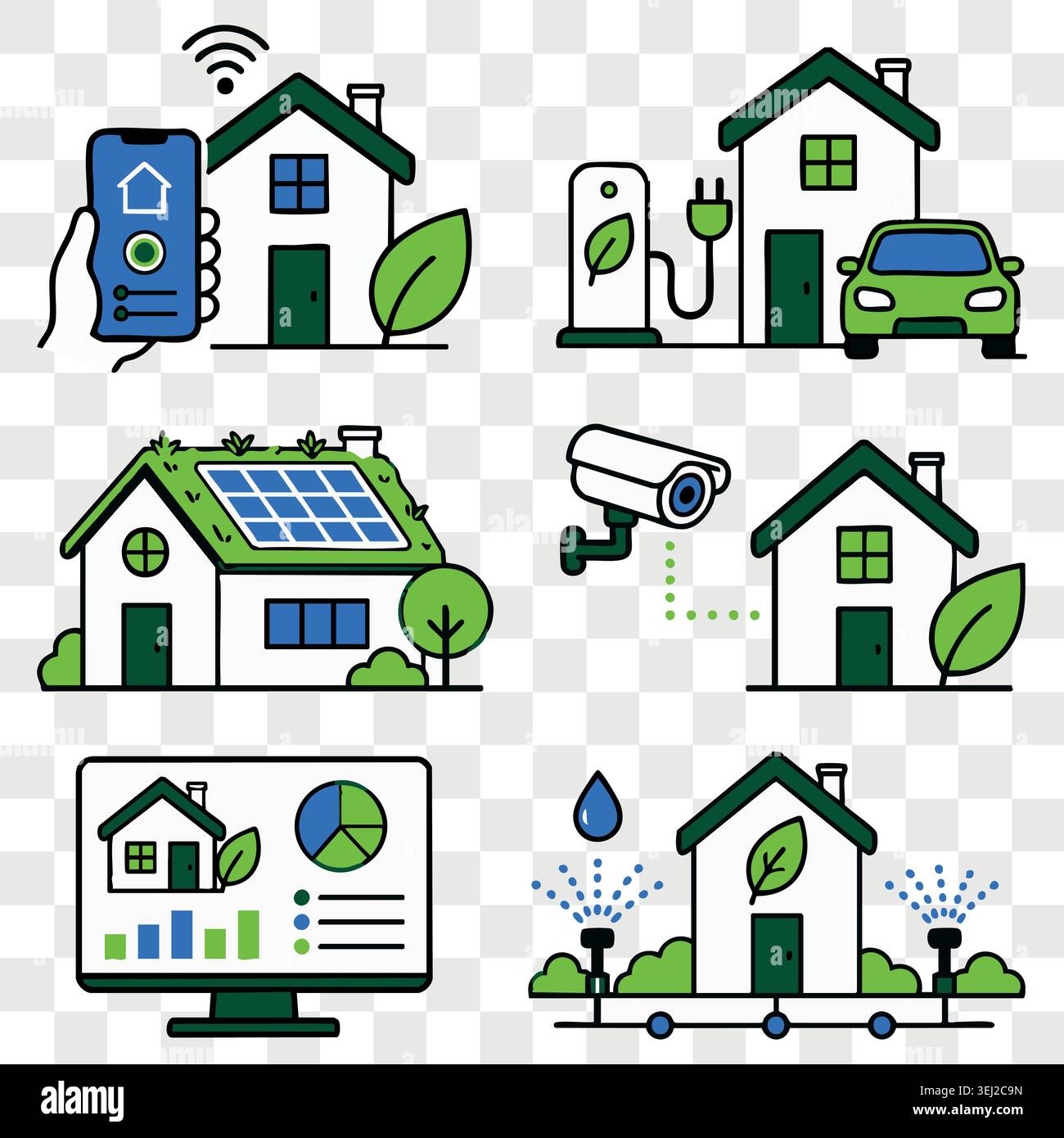 Umweltfreundliche Smart-Home-Technologie- und Sicherheitssymbole mit Überwachungskameras, Solarpaneelen, intelligenten Rasenbewässerungssystemen und umweltfreundlichem Design Stock Vektor