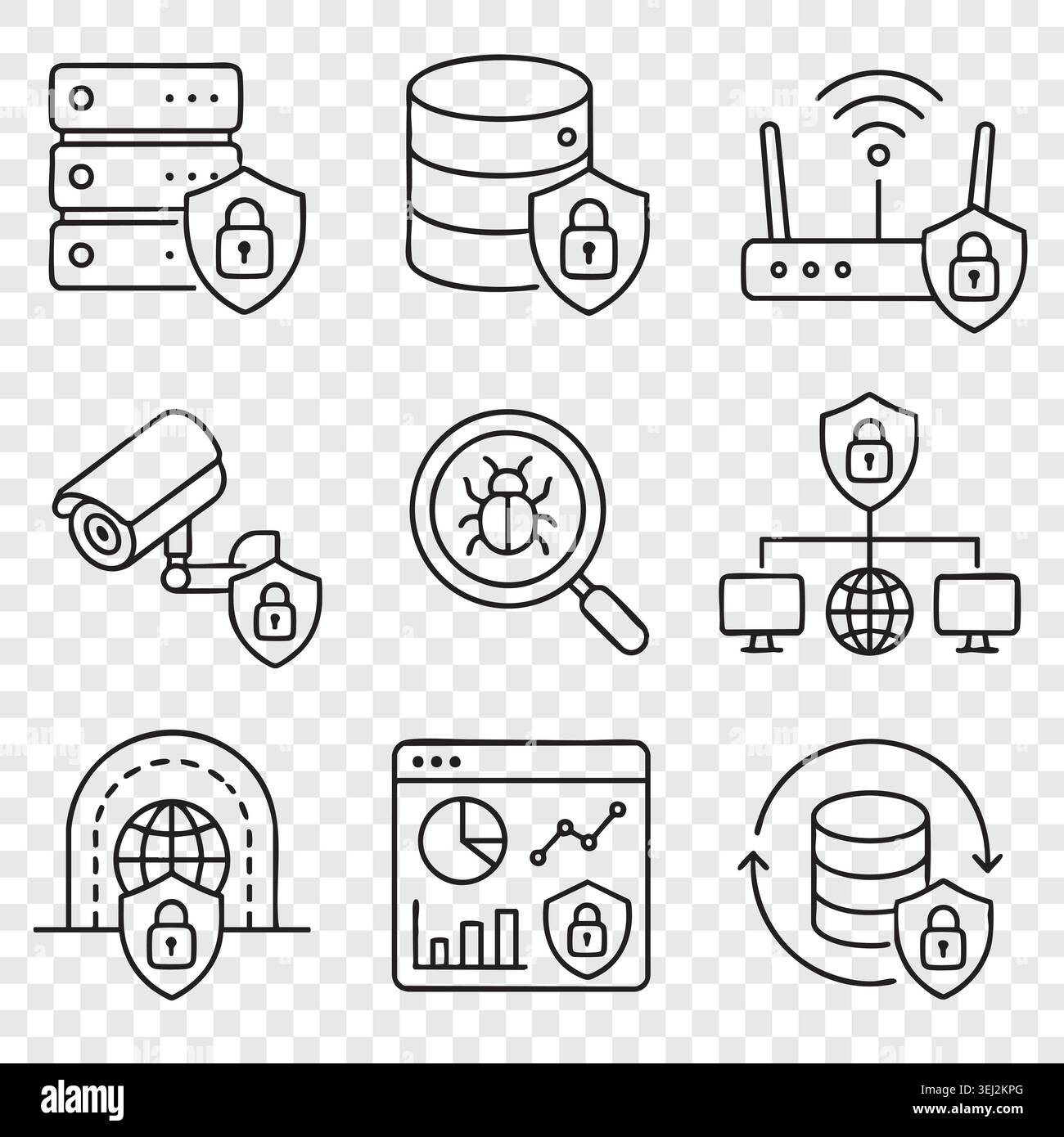 Symbole für die Netzwerküberwachung und Überwachung von Cyberbedrohungen mit Sicherheitskameras, Virenanalysen, Cloud-Servern und Sicherheit in lokalen Rechenzentren Stock Vektor