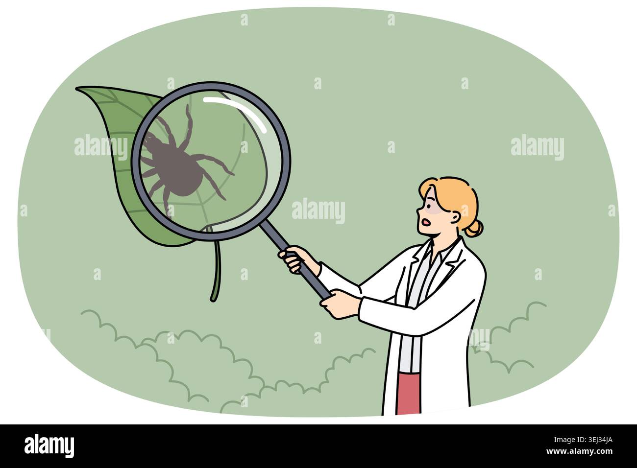 Wissenschaftlerin untersucht enzephalitische Zecken, die mit Lupe durch den Park laufen und nach Parasiten suchen. Forscher erforschen enzephalitische Milben, um ein Gegenmittel gegen blutsaugende Insekten zu finden Stock Vektor