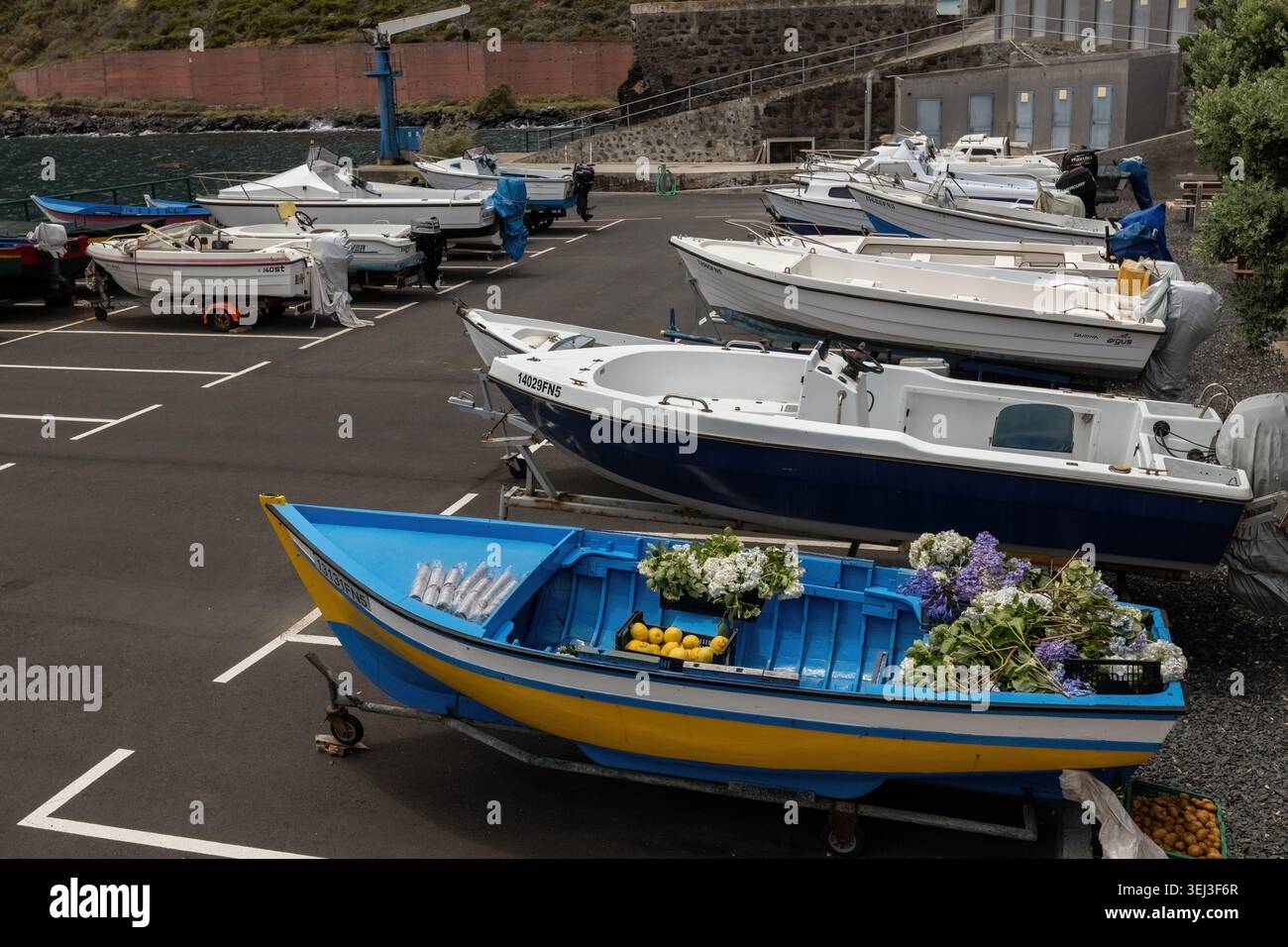 Boote im Hafen von Porto Moniz in Madeira Portugal Stockfoto