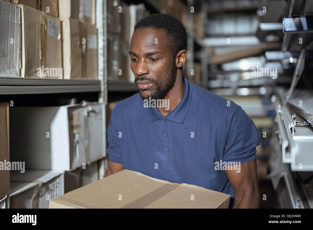Ein Lagerarbeiter trägt eine Kiste, während er den Lagerbestand verwaltet und den Lagerbestand in Regalen in einer Logistikeinrichtung organisiert. Stockfoto
