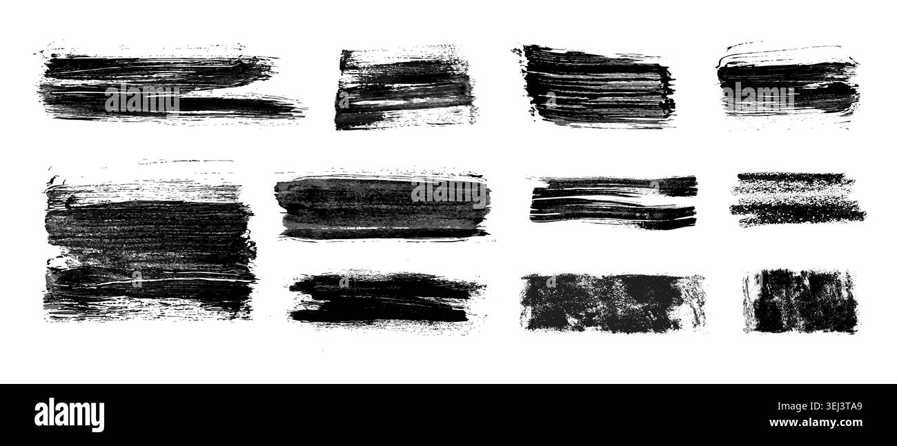 Kräftige Pinselstriche und Pinseltexturen, vektorrealistische Grunge-Muster isoliert auf weißem Hintergrund. Schwarze Farbstreifen, Markierungen und Spritzer sorgen für modernes urbanes Design Stock Vektor