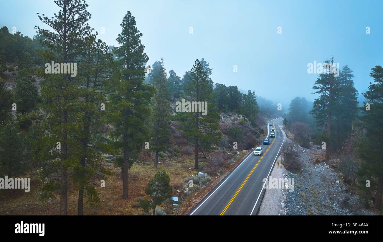 Mt. Charleston Mountain Road mit Autos und Pine Forest in Nevada Mist Stockfoto