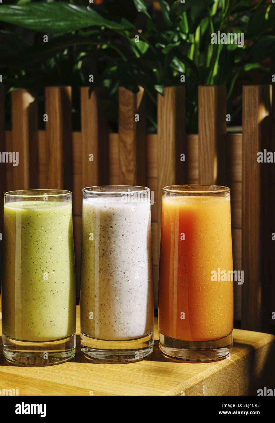 Essen, drei große Gläser bunte Smoothies sitzen auf einem Holztisch. Die Getränke sind in Grün-, Grau- und Orangetönen gehalten. Üppiges Grün im Hintergrund Stockfoto