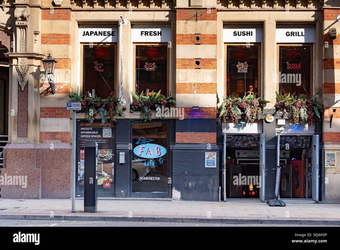 Außenansicht des Fab Cafe, Manchester, bei Tageslicht Stockfoto