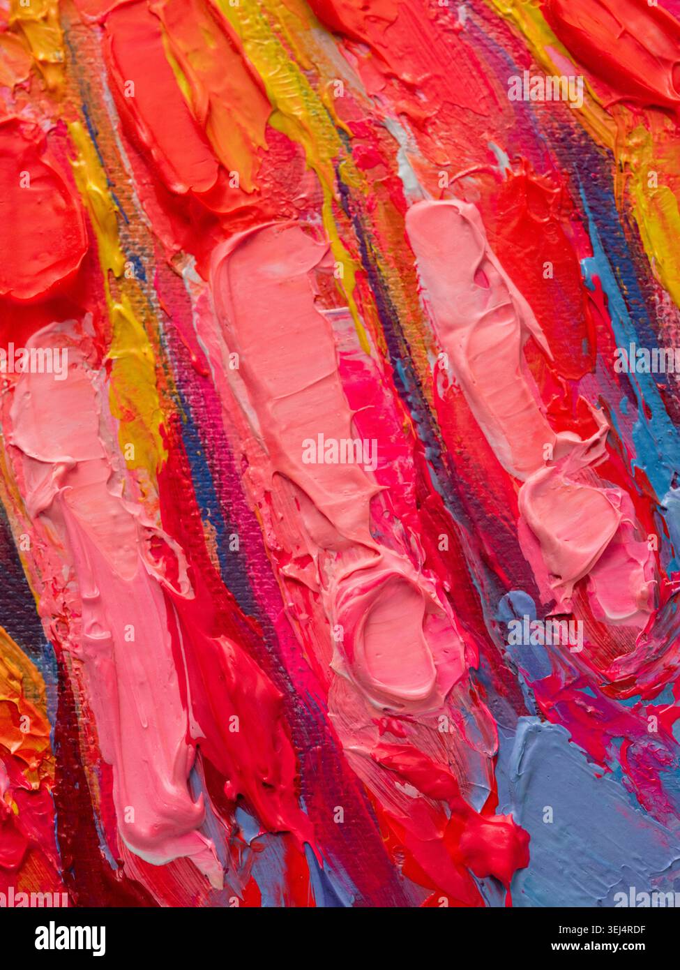 Ölgemälde mit einem Palettenmesser, das helle Farben und Texturen auf Leinwand zeigt Stockfoto