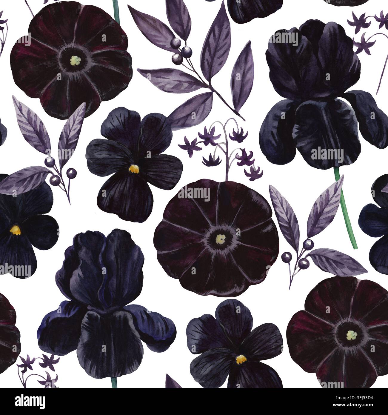 Gotisches Blumenmuster mit wasserfarbenen Samtblumen in Schwarz und Lila. Dunkles Textil und Design-Druck im viktorianischen Luxusstil. Stockfoto