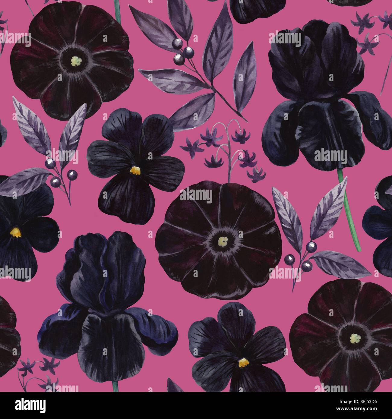 Gotisches Blumenmuster mit wasserfarbenen Samtblumen in Schwarz und Lila. Dunkles Textil und Design-Druck im viktorianischen Luxusstil. Stockfoto