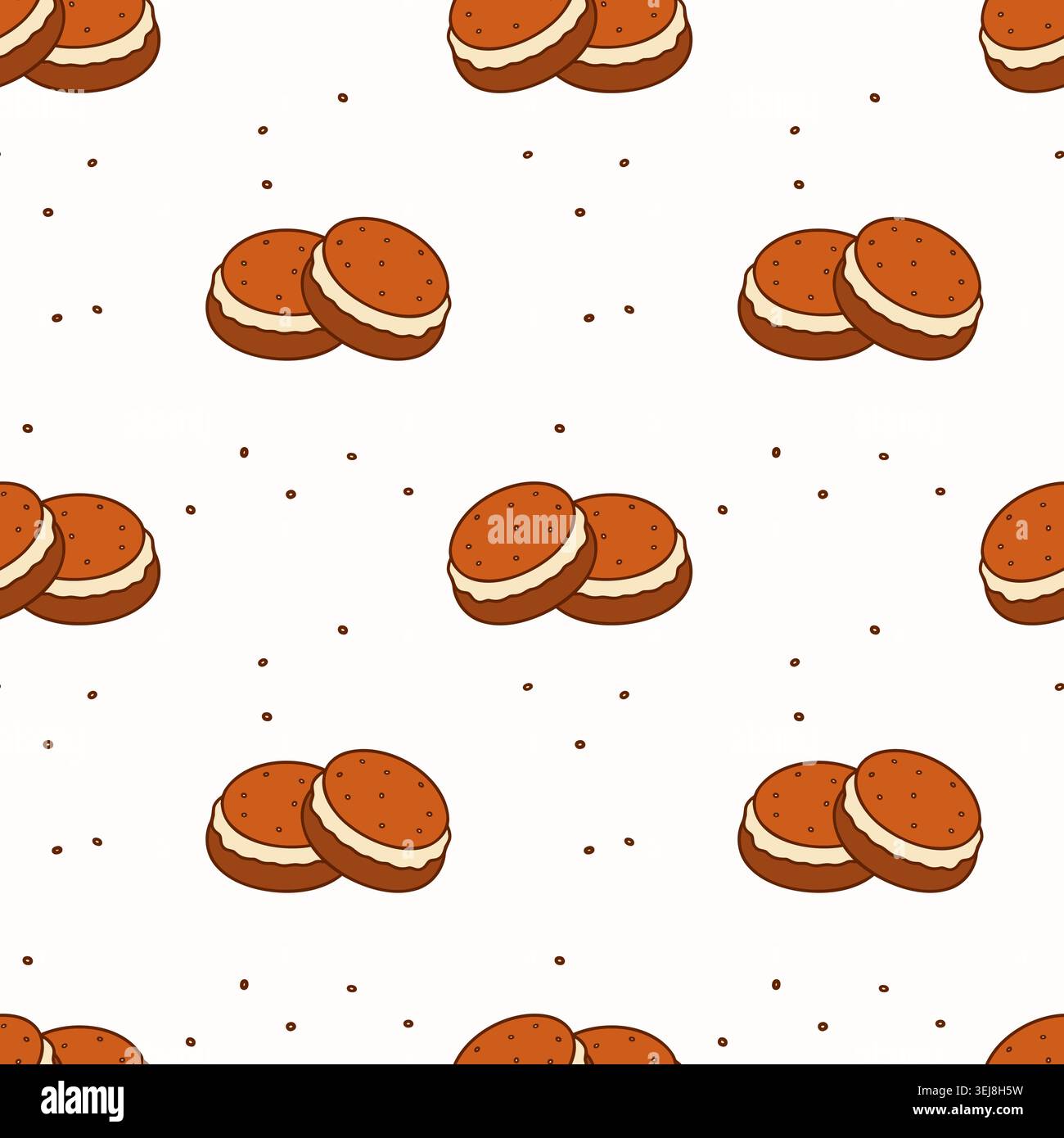 Nahtloses Muster mit süßen Sandwichkeksen und Sahnefüllung. Nette Vektorillustration in Cartoon Hand gezeichneter Art für Bäckerei Tapete, Stoff und Stock Vektor