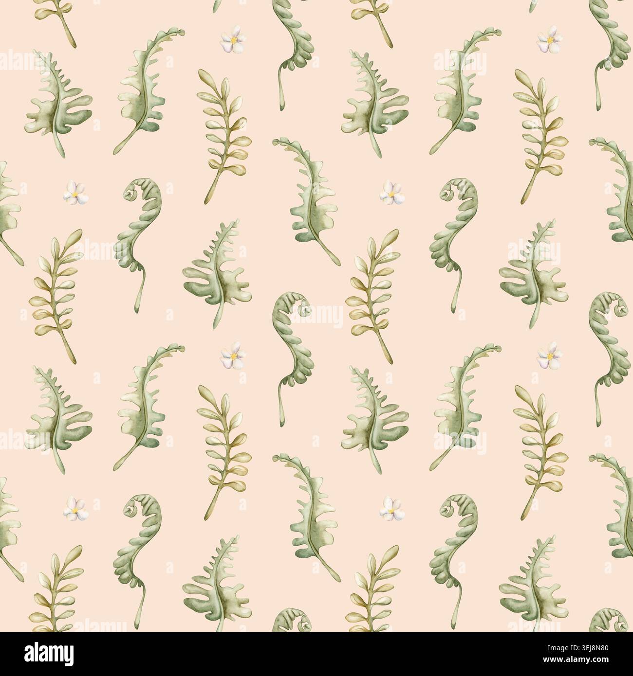 Niedliches Farnmuster Hinterlässt Nahtlose Muster. Aquarell Sommer Blumen Wald Illustration Hand gemalt isoliert auf beigem Hintergrund für Kinderzimmer Baby Kinder Design Stockfoto